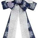 Hying Large Christmas Bow for Wreath, Blue White Cotton Bows for Front Door Wall Fence Decor, Christmas Snow Wreath Bow Tree Topper Bow for Winter Christmas Party Decoration Supplies