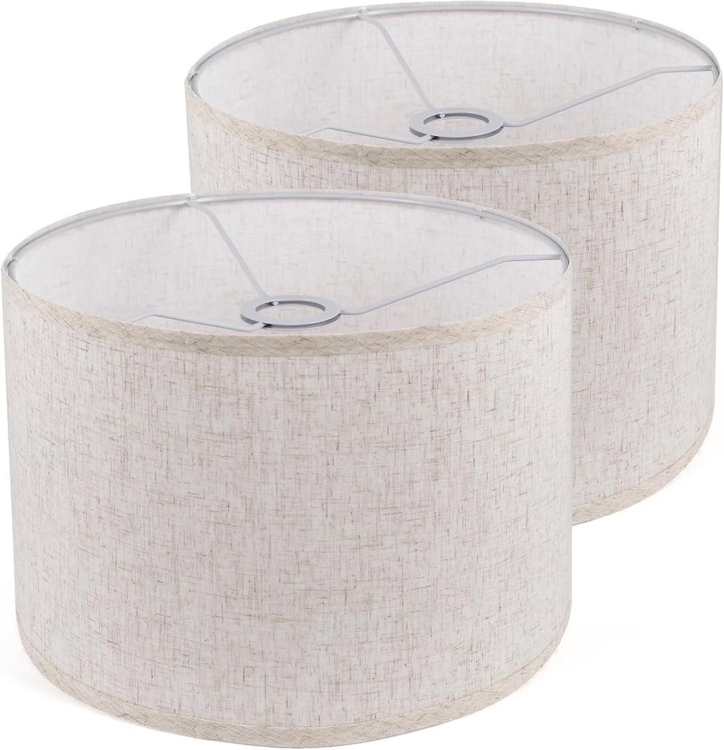 Lamp Shades Set of 2, Drum Lampshade for Table Lamps Floor Lamp, 13" Top X 13" Bottom X 10" High Beige Large Line Fabric Lamp Shades, Easy Assembly Replacement Lampshades