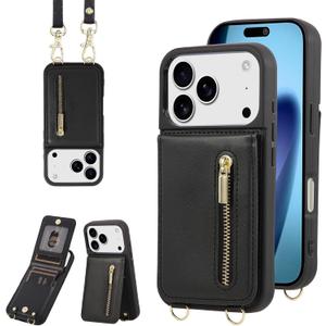Crossbody Wallet Case for iPhone 17 Pro, with Card Slots Zipper Pocket Case, Flip Folio Purse RFID Blocking with Detachable Strap-Black