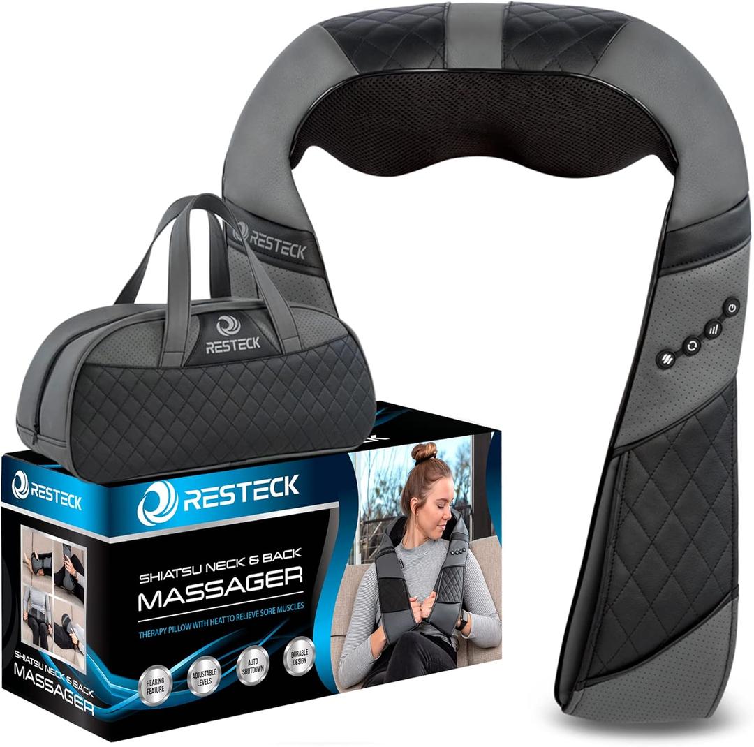 RESTECK Massagers for Neck and Back with Heat - Deep Tissue 3D Kneading Pillow, Electric Shiatsu Shoulder Massage, Foot, Legs,Body - Relieve Muscle Pain - Office, Home & Car (Black/Grey)