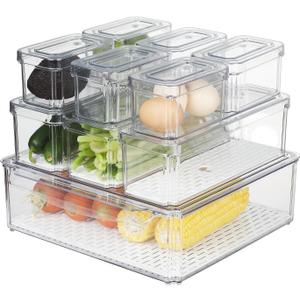 Plastic Fridge Organizer,Clear Storage Containers for Fridge Stackable Organizer Bins Square Food Storage Box Keep Fresh for Vegetable,Food,Fruits (10 PACK)