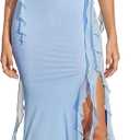 KUTUMAI Elegant Ruffle Long Bridesmaid Dress for Women Formal Wedding Guest (Blue, XS)