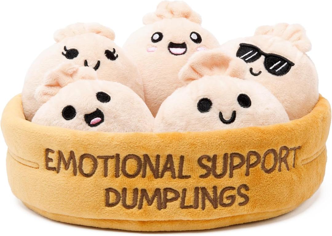 Emotional Support Dumplings by Relatable, Easter Plush Cuddly Stuffed Animals and Toys, Cute Easter Basket Stuffers, Non Candy Easter Gift Basket Ideas, Includes 5 Plushies with Carrying Basket