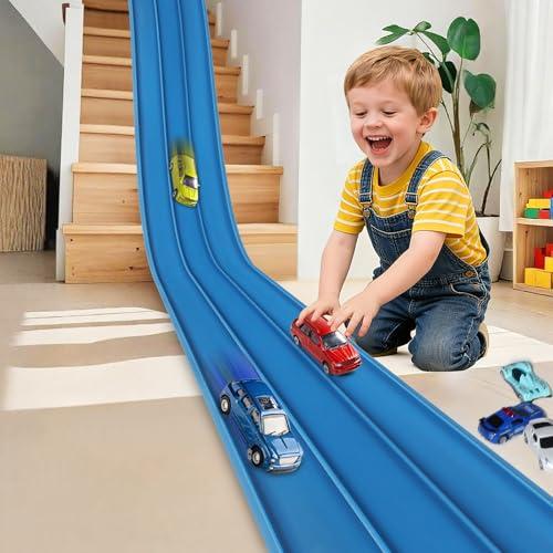 3-Lane Flexible Race Track for Kids 15ft Race Car Track Compatible with Diecast 1/64 Scale Cars, Flexible Car Track Race Ramp Toy with Strong Suction Cups