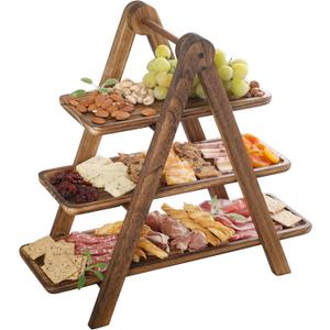 Gibson Home Truss Peak 3 Tier Serving Tray for Party, 18" Acacia Wood Cupcake/Charcuterie/Dessert Farmhouse Tiered Platters with Collapsible Wood Rack