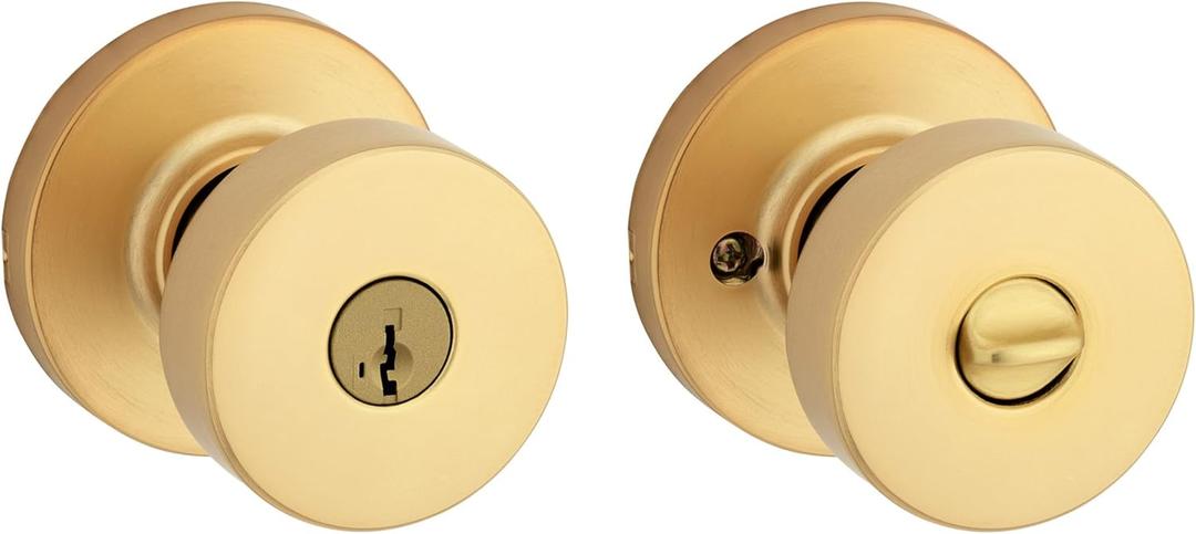 Kwikset Pismo Entry Door Knob with Lock and Key, Secure Keyed Handle Exterior Doorknob, Front Entrance and Bedroom, Satin Brass, Round, Pick Resistant SmartKey Rekey Security, Microban Protection (Round Rose)