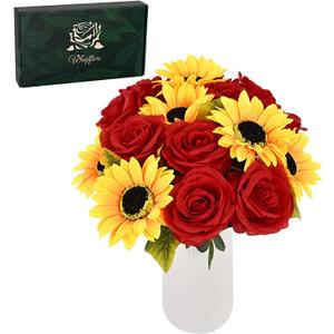 Waipfaru 16 Pcs Fake Roses Sunflowers Artificial Flowers Bulk, Silk Red Roses Yellow Flowers Artificial with Long Stems for Outdoors Wedding Bouquet Vase Flower Arrangement Decoration