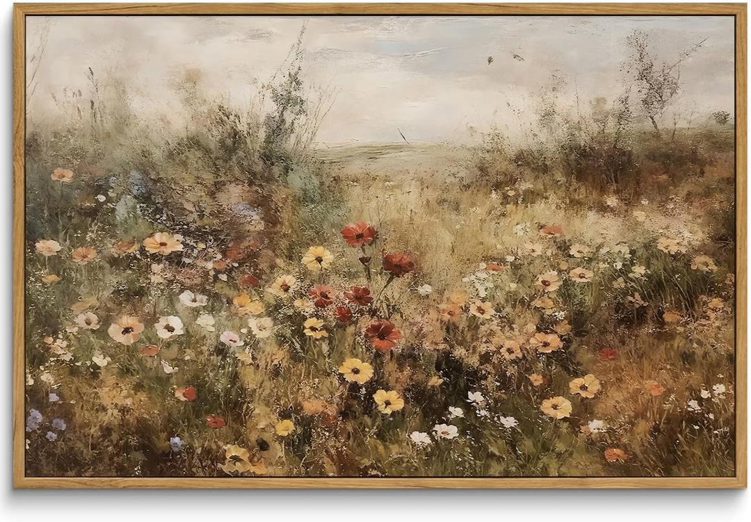 Framed Canvas Wall Art Vintage Decor, Vintage Painting Wall Art Prints, Landscape Wall Art for Living Room Decor Bedroom Home Bathroom Wall Decor (Wildflower Meadow at Dusk) (24L" x 16W")