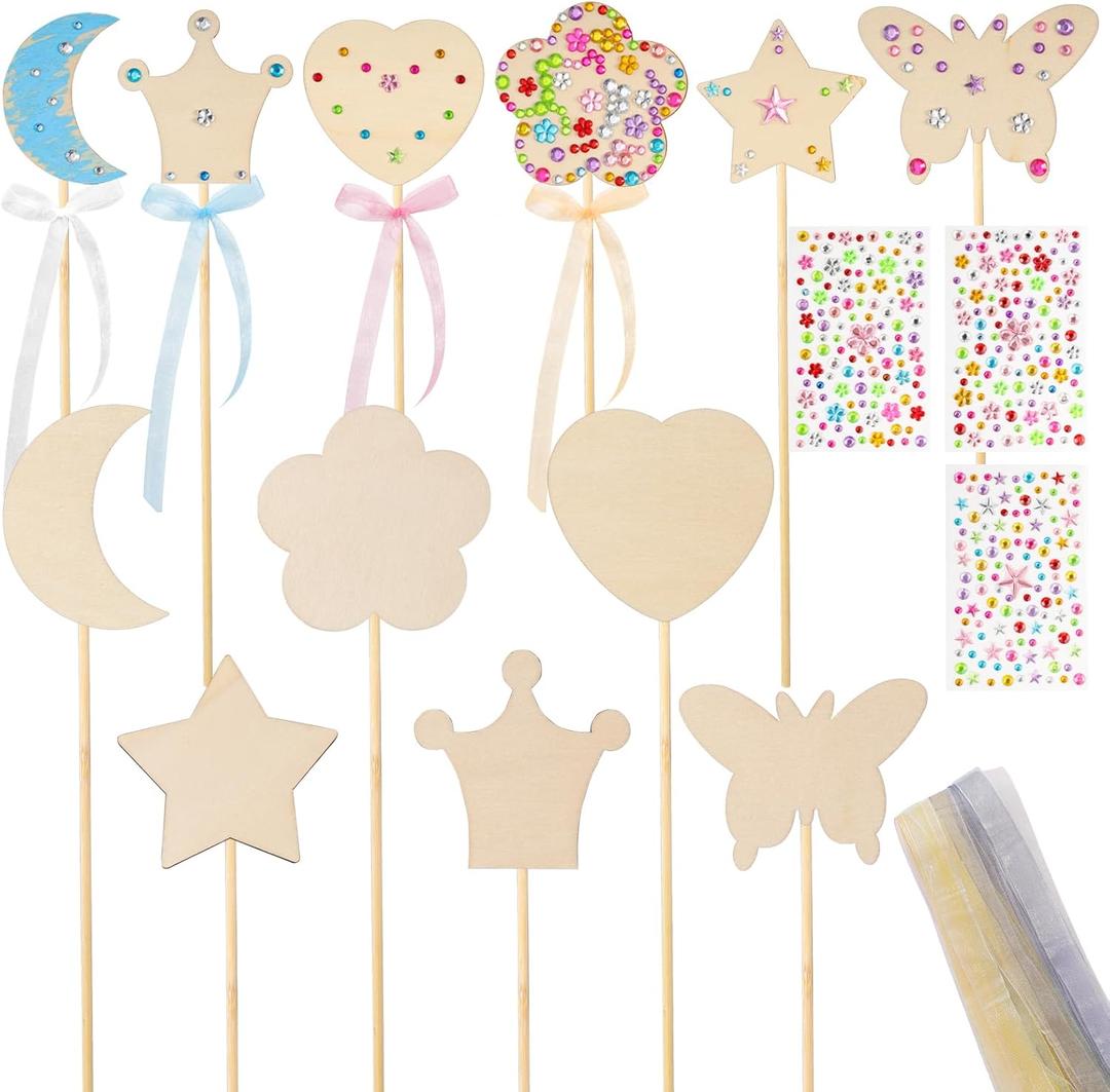 Fumwase Princess Fairy Wand Kit Include 18 Unfinished Wood in 6 Styles 3 Sheet Gem Stickers 18 Ribbons Craft Kit for Halloween Princess Fairy Cosplay Party Favors for Adult