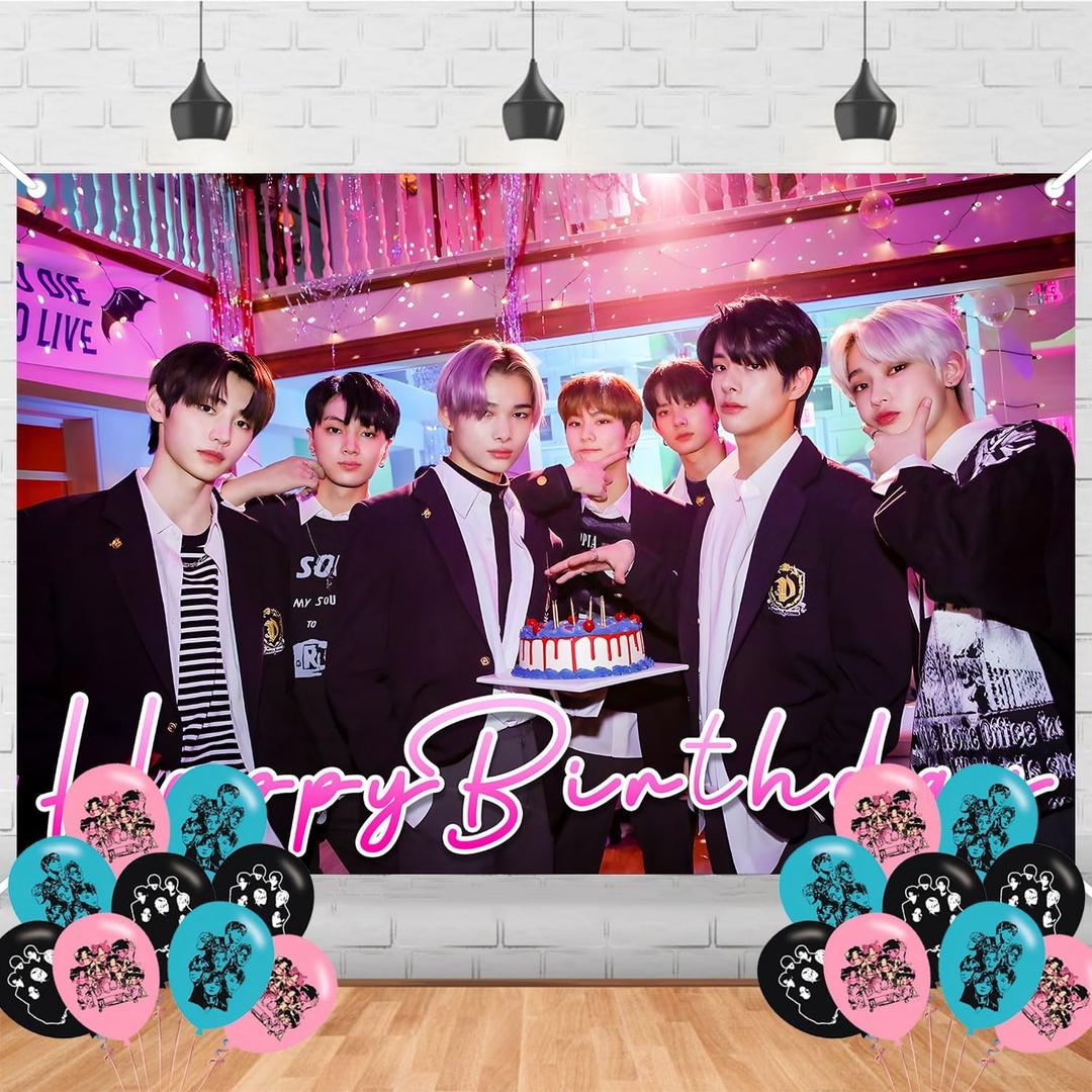 E-NHYPEN Birthday Photography Backdrop 5x3ft Photo Background Stray Kids Happy Birthday Ballons for Kpop Merch Party Supplies Decorations