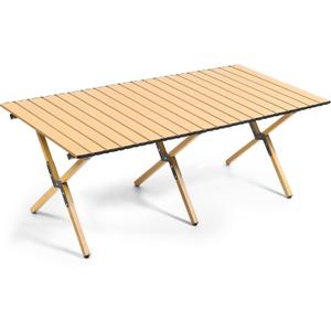 2026 Upgraded Low Roll-Up Travel Table for Beach, Camping & Picnic – Aluminum Frame, Wood-Look Slat Top, 18 in High, Folds into Carry Bag, 47 x 23 x 18 inches