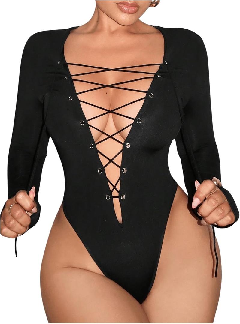 WDIRARA Women's Lace Up Deep V Neck Bodysuit Long Sleeve Criss Cross Sexy Body Suit (Black, S)