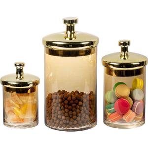 MyGift Glass Apothecary Jar Set with Brass Lids, Decorative Kitchen and Bathroom Storage Canisters, Wedding Centerpiece Jars, Candy Buffet Containers (Amber / Gold)