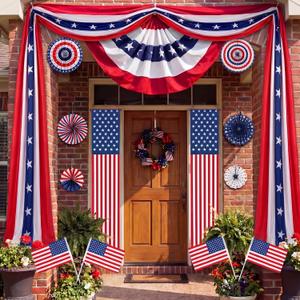 14 Pcs 4th of July Porch Decorations Patriotic Bunting Outdoor Hanging Decor with Red White Blue Paper Fans American Flags Door Banners Garland for 250th Anniversary Veterans Day Outdoor Porch Decor