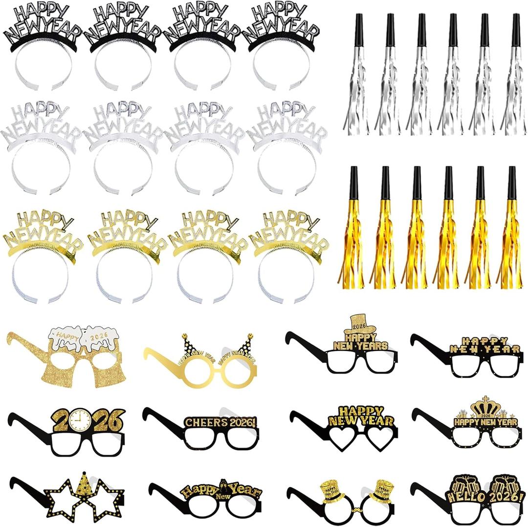 36PCS Happy New Year Decorations 2026 New Years Eve Party Supplies 2026,With 12 Happy New Year Headband Tiara,12 Noise Maker,12 New Years Glasses 2026