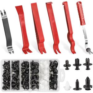 LivTee Auto Trim Removal Tool Kit, Clip Fastener Remover Pry Tools Set,100 Pcs Bumper Retainer Clips Car Plastic Rivets Fasteners Push Retainer Kit with 6 Pcs Storage Removal Tool, Red