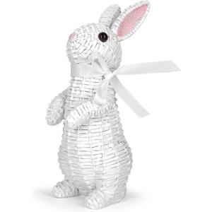 Rattan Effect Resin Bunny Easter Decor,Table Rabbit Easter Decorations,Spring Bunnies Decoration Statue Figurine for Home Farmhouse (White, Small-Stand)