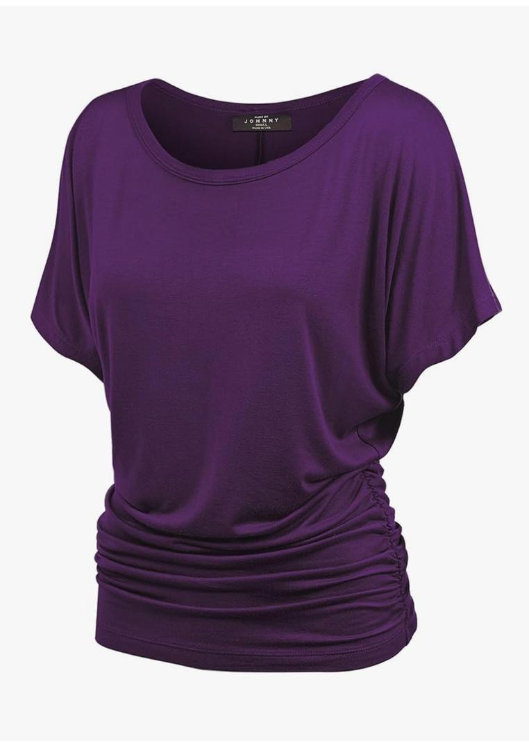 Made By Johnny Women's Casual Solid Short Sleeve Boat Neck/V Neck Dolman Top T Shirt with Side Shirring M