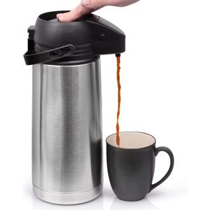 Airpot Coffee Dispenser with Easy Push Button | Stainless Steel | Double-Wall Vacuum Insulated Thermos | Effectively Keeps Beverages Hot or Cold
