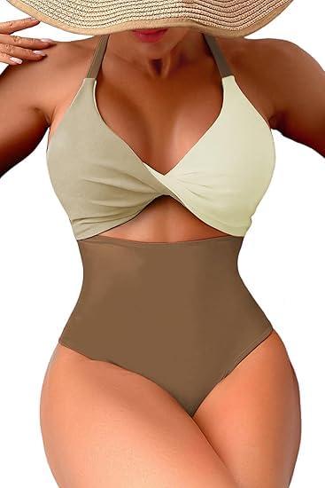 HYTENSUN Women's One Piece Swimsuits Tummy Control Cutout High Waisted Bathing Suit Over 50 Coffee S (Brown, M)