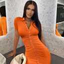 DAAWENXI Women's Sexy V Neck Ruched Button Down Clubwear Night Out Mini Club Dress (Orange, L)