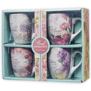 Christian Art Gifts Ceramic Coffee/Tea Mug Set for Women | Vintage Botanic Floral Inspirations Design Bible Verse Mug Set | Boxed Set/4 Coffee Cups
