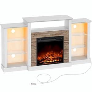 Rolanstar Fireplace TV Stand with Led Lights and Power Outlets, TV Console for 32" 43" 50" 55" 65", Entertainment Center with Adjustable Glass Shelves, Ivory White