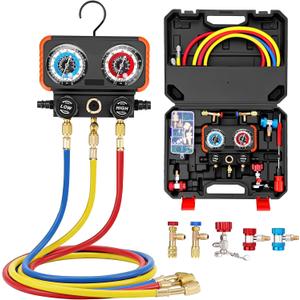 AC Manifold Gauge Set for R22 R410A R134a Refrigerant, 3 Way HVAC Manifold Gauges with R22 & R410A Safety Valves, 5FT Hoses, R134A & R410A Adapters, Universal Can Tap, Refrigerant Recharge Kit