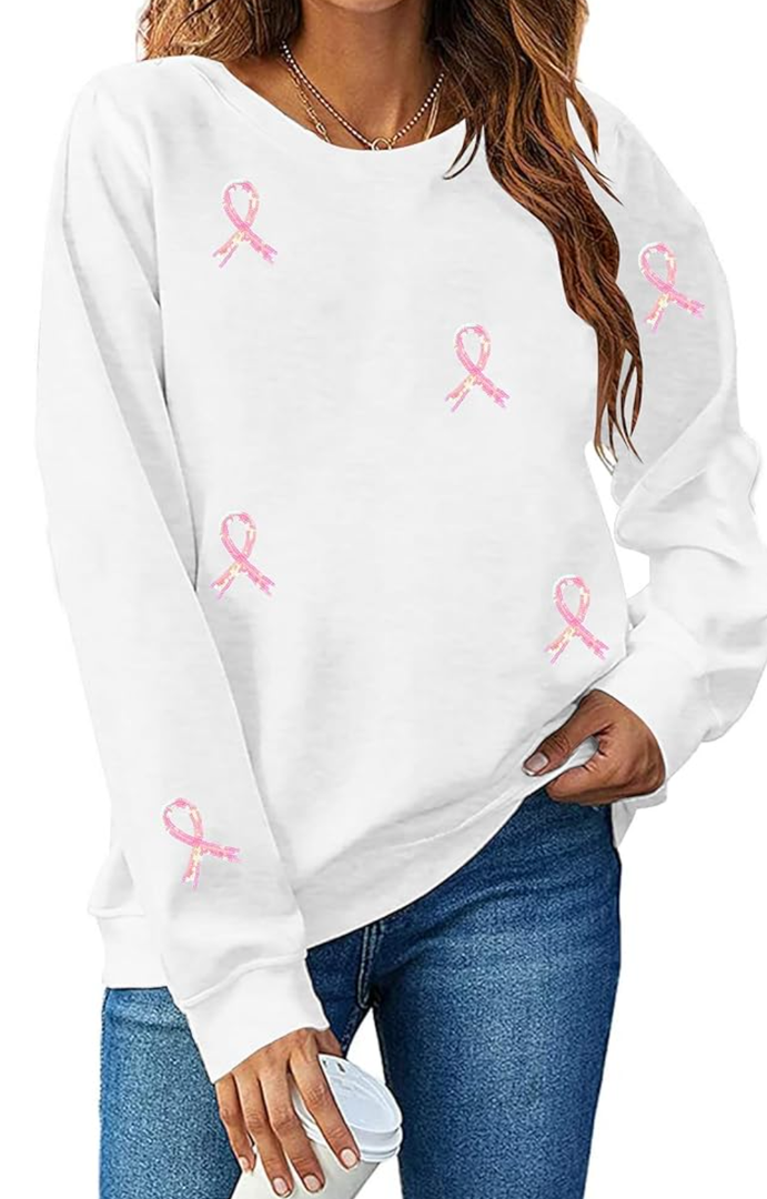 VILOVE Breast Cancer Awareness Sweatshirt: Pink Ribbon Pullover Hoodie for Women, Cancer Fighter Long Sleeve Tops, L