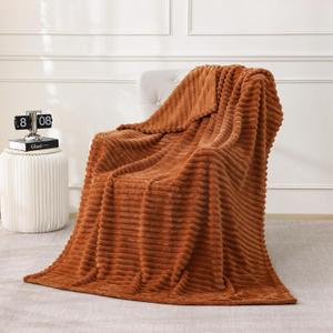 Burnt Orange Fleece Throw Blanket 5070 for Couch Sofa Bed,Super Soft Cozy Plush Microfiber Flannel Blanket with Stripes Design Lightweight for Adults,Woman,Girls