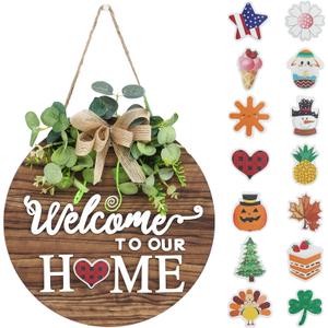 Interchangeable Seasonal Welcome Sign Front Door Decoration, Rustic Round Wood Wreaths Wall Hanging Outdoor, Farmhouse, Porch, for Spring Summer Fall All Seasons Holiday Halloween Christmas. (12 Inch, 01blown)