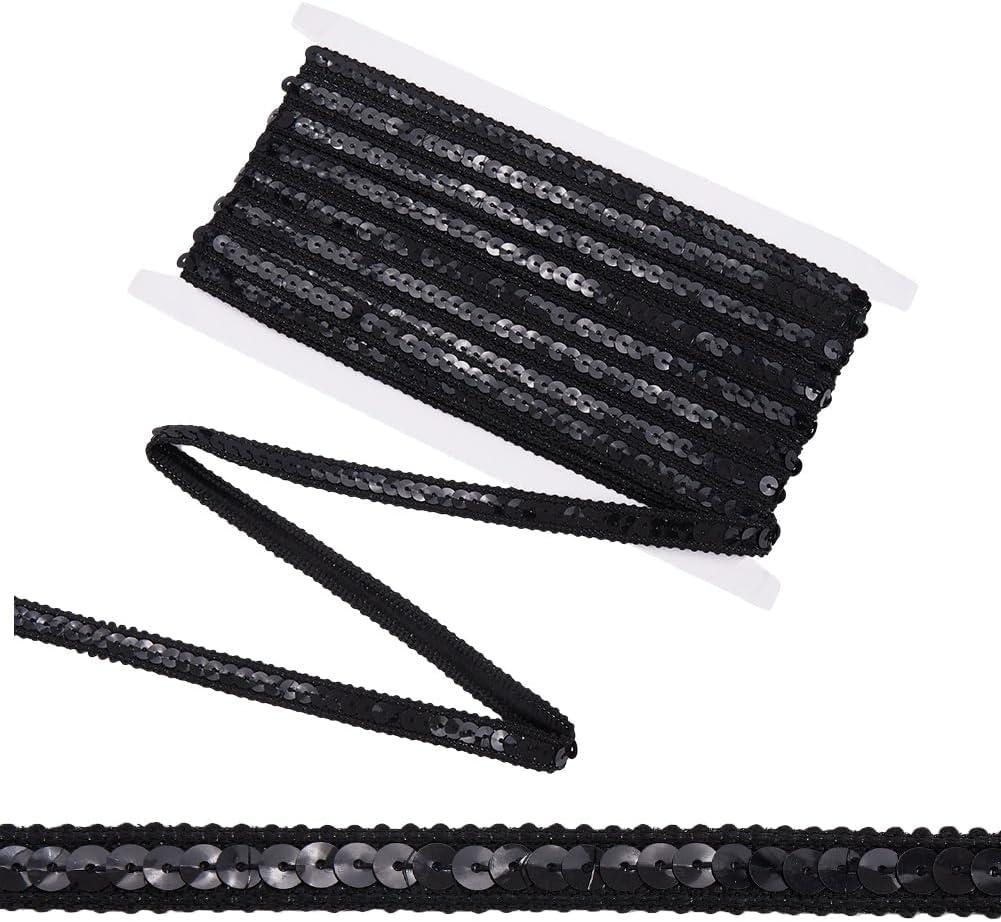 Black Sequin Bead Fabric Trim Flat Sequins Beaded Strip Woven Gimp Braided Trimming Metallic Glitter Polyester Ribbon Bulk for Sewing Making Dresses Clothes Crafts Choker Home Decor DIY (10M)