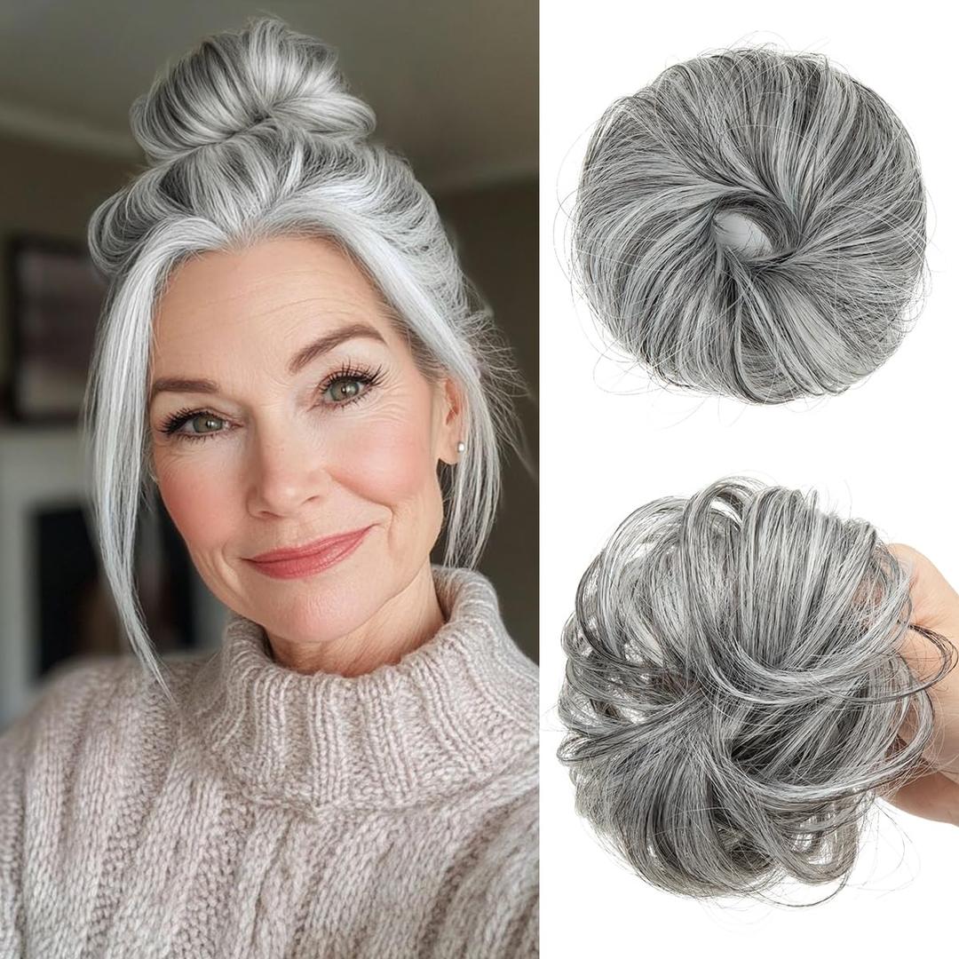 CJL HAIR 2PCs Small Cute Messy Bun Hair Piece for Thin Hair Women Mini Synthetic Curly Bun Scrunchies Updo Hairpieces Dark Grey (Gray)