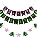 VitalCozy Witch Theme Happy Birthday Banner, Pink and Green Birthday Hanging Banner Witch Princess Backdrop Decorations for Women Movie Theme Party Decor