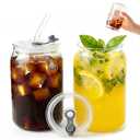 AINFAME Leakproof Glass Cups with Plastic Lids and Straws, 16oz Iced Coffee Cup, Drinking Glasses Tumbler for Water, Boba Tea, Smoothie - 2pcs
