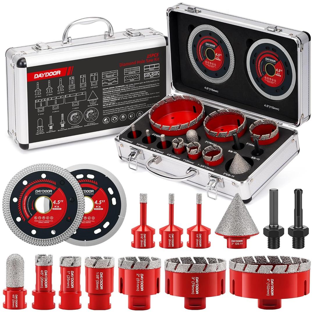 DAYDOOR Diamond Hole Saw Kit, 15-Piece Tile Hole Saw Kit 6/6/8/20/25/35/51/76/102mm, Vacuum Brazed Core Drill Bits for Porcelain Tile, Granite, Marble, Stone