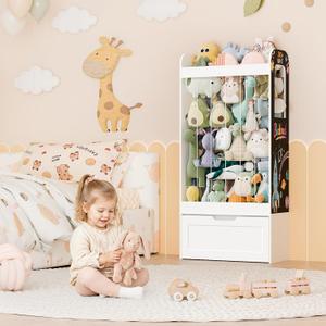 51.2" H Stuffed Animal Storage with Blackboard, Kids Toy Storage with 180L Stuffed Zoo for 80+ Plushies and Rolling Toy Box, Wooden Organizer Shelf for Girls Boys Bedroom/Playroom, Large