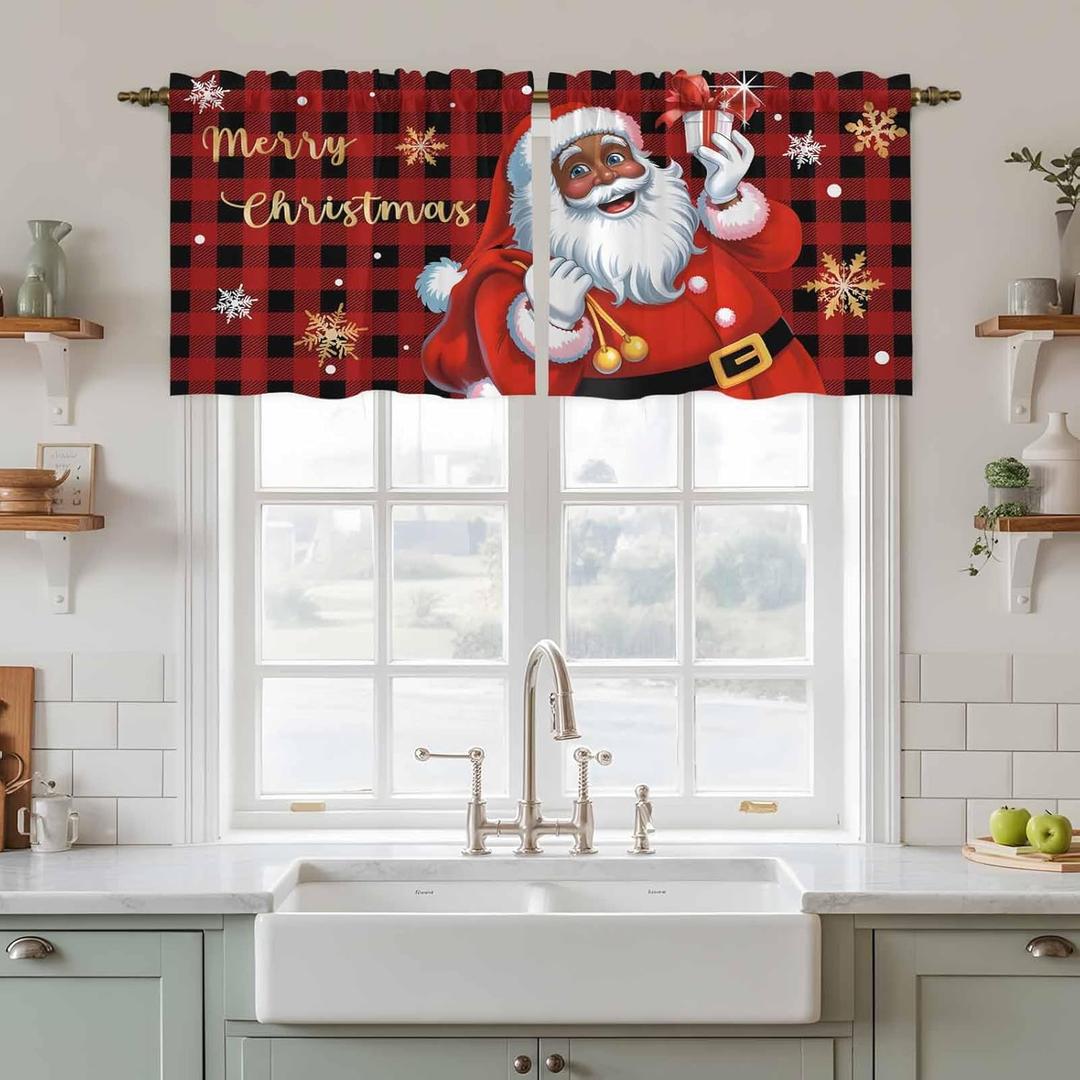 Red Plaid Santa Christmas Kitchen Curtain 2 Panels Tiers Curtains 24 Inch Length, Gifts Xmas Snowflake Winter Black Curtains Rod Pocket Window Treatment Drapes Window Cafe Curtain 