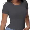 EasyFair Women's T Shirts Basic Short Sleeve Crew Neck Slim Fit Tees Summer Workout Casual Bodycon Tops 2025 Grey, M