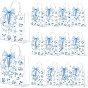 Paterr 24 Pcs Blue Bow Seashell Gift Bags Coastal Clear PVC Gift Bags with Handle Blue Ribbon and Tag Waterproof Reusable Tote for Beach Ocean Wedding Birthday Bridal Baby Shower Party Favors Supplies