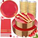 NOCCUR 350PCS Red Plastic Plates - Disposable Red Gold Dinnerware Set for 50 Guests, 100 Dinner/Dessert Plates, 150 Gold Silverware, 50 Cups&50 Napkins for Party/Wedding/Mother's Day