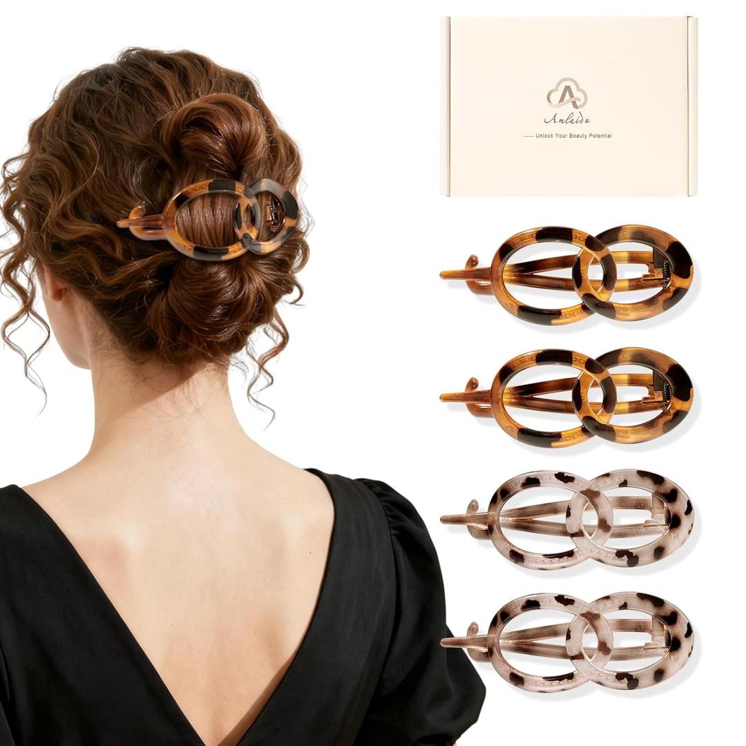 Large Flat Hair Clips for Thick Hair, French Claw Clips for Women, Lay Flat Duckbill Hairclips, Non-Slip, Strong Hold - Leopard Print,4Pcs