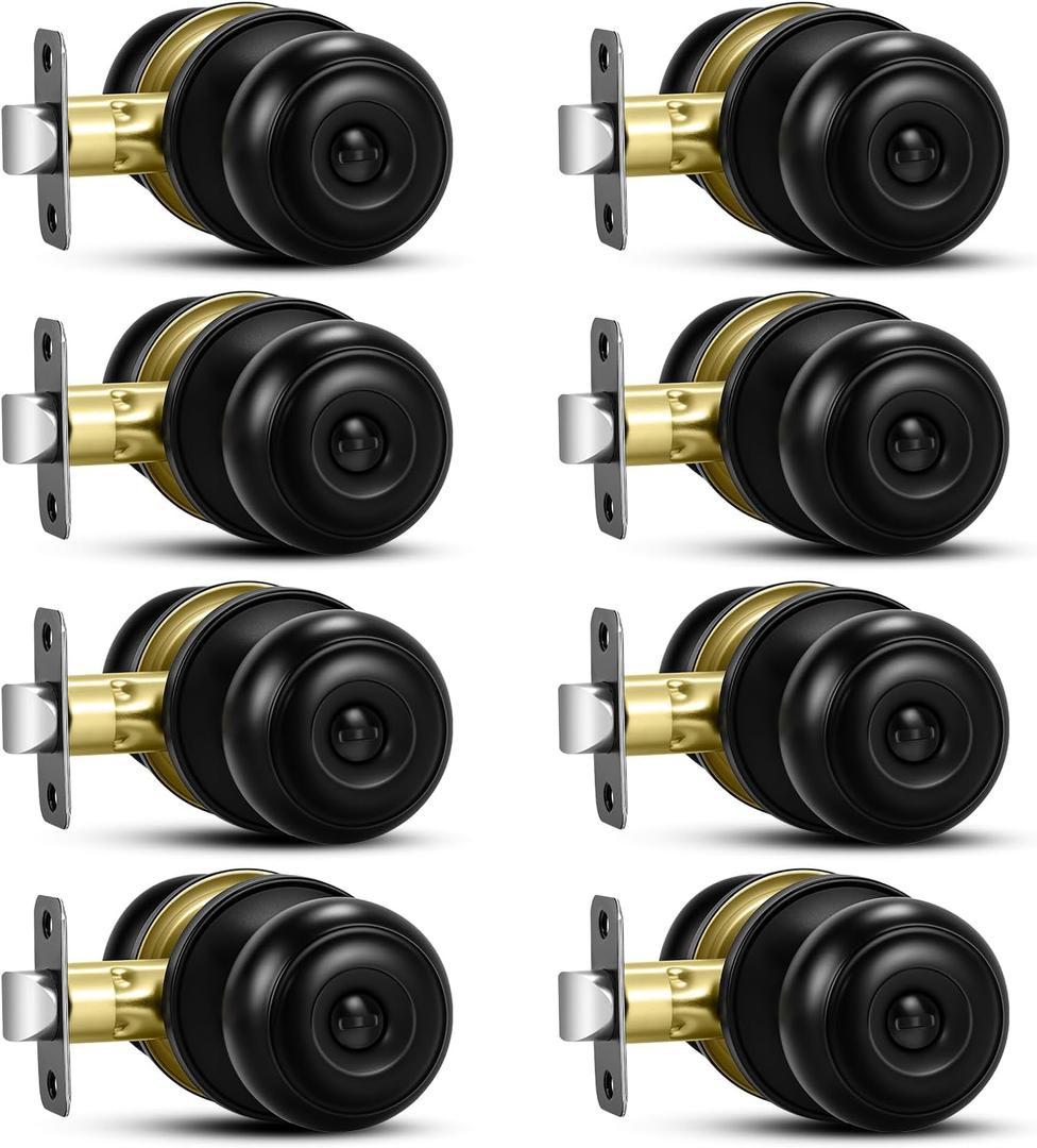 Plustool 8 Pack Matte Black Door Knobs, Privacy Door Knob with Lock, Interior Doorknobs with Round Ball, Keyless Door Lockset for Bedrooms Bathrooms