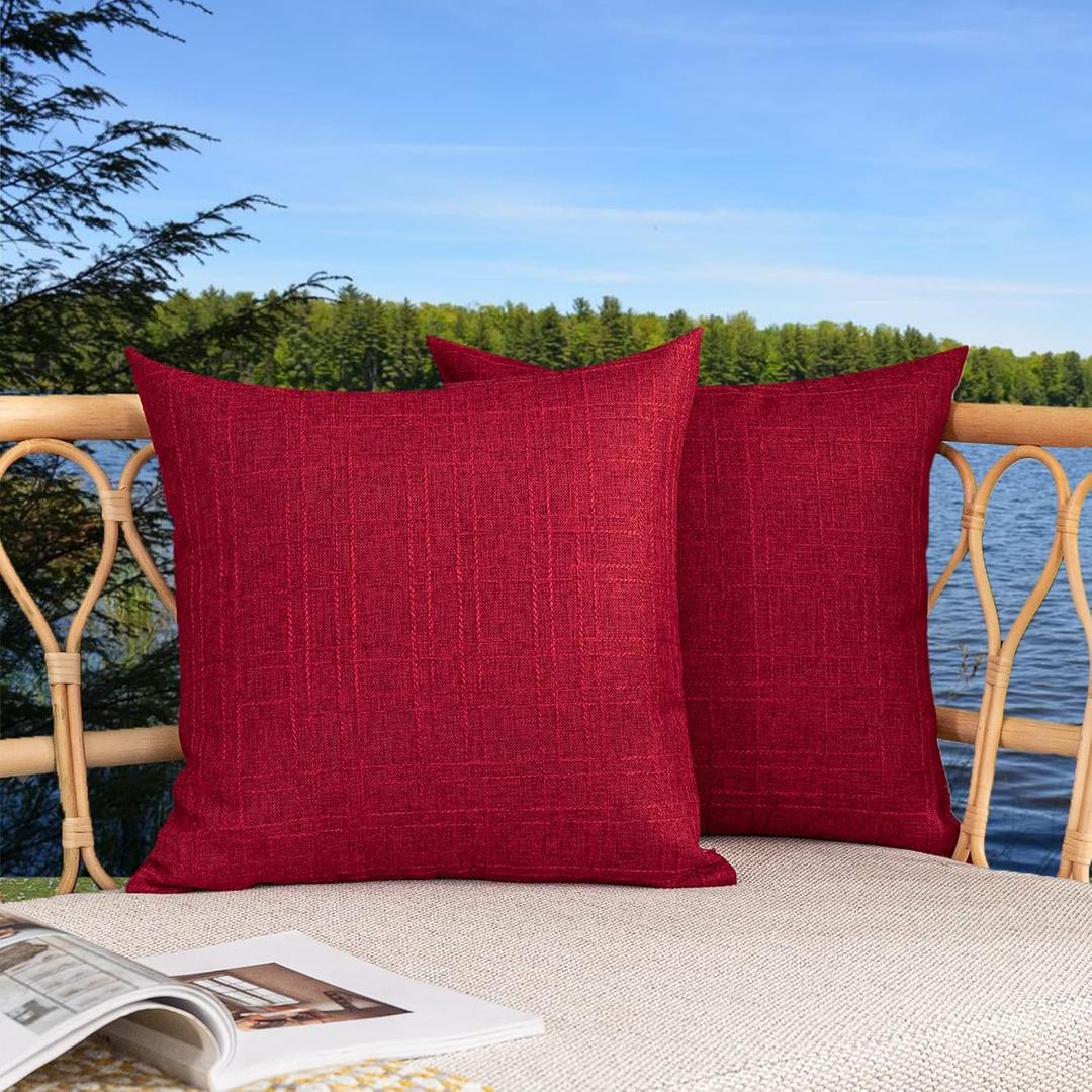 Kevin Textile Christmas Decorative Outdoor Throw Pillow Covers Pack of 2 Waterproof Classic Checker Linen Pillowcases Cushion Cases for Sofa Couch Patio Garden 24x24 Inch Red