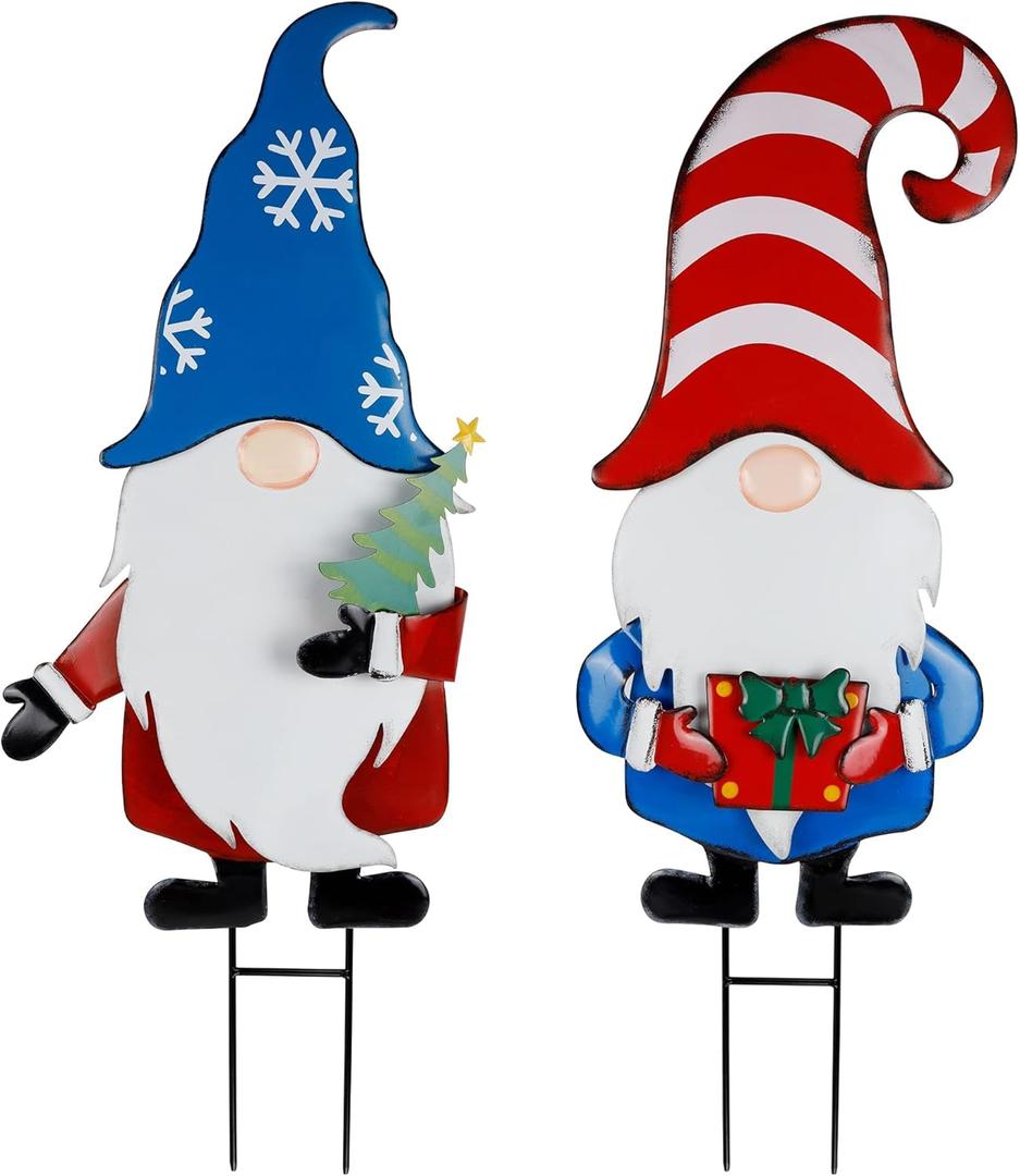 Hausse 2 Pack Garden Metal Gnome Stakes, 33 Inch Christmas Decorative Gnomes Stakes, Yard Signs for Outdoor Decorations, Holiday New Year Spring Home Tomte Decor for Lawn Pathway Patio