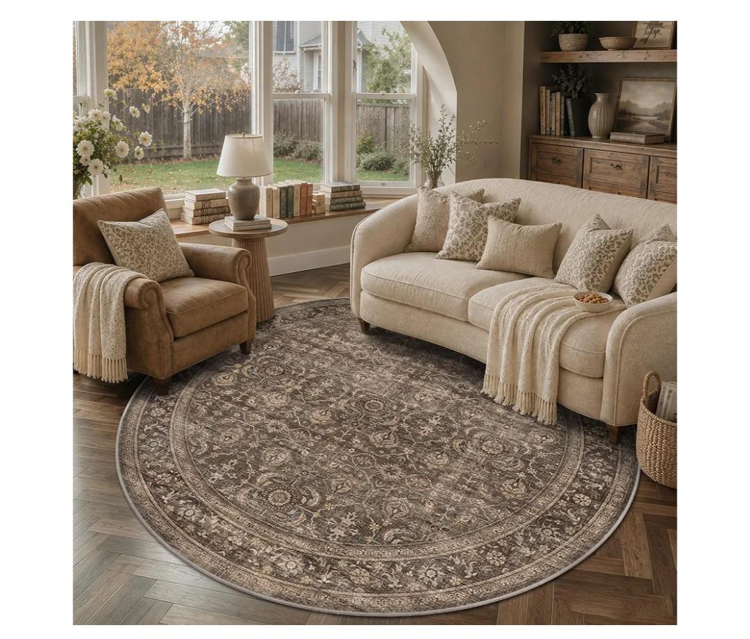 JOOJA 6x6 Dark Brown Vintage Low Pile Washable Boho Round Living Room Rug6ft stain resistant washable circle floor mat,distressed moody carpet, retro indoor rug for bedroom, dining room, home office