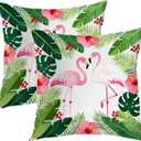 Batmerry Green Plam Pillow Covers 16x16 Inch Set of 2, Flamingo Tropical Leaves of Palm Tree Double Sided Square Throw Pillow Covers Sofa Decorative Pillowcase Cushion (Summer Flamingo Pineapple Pink)