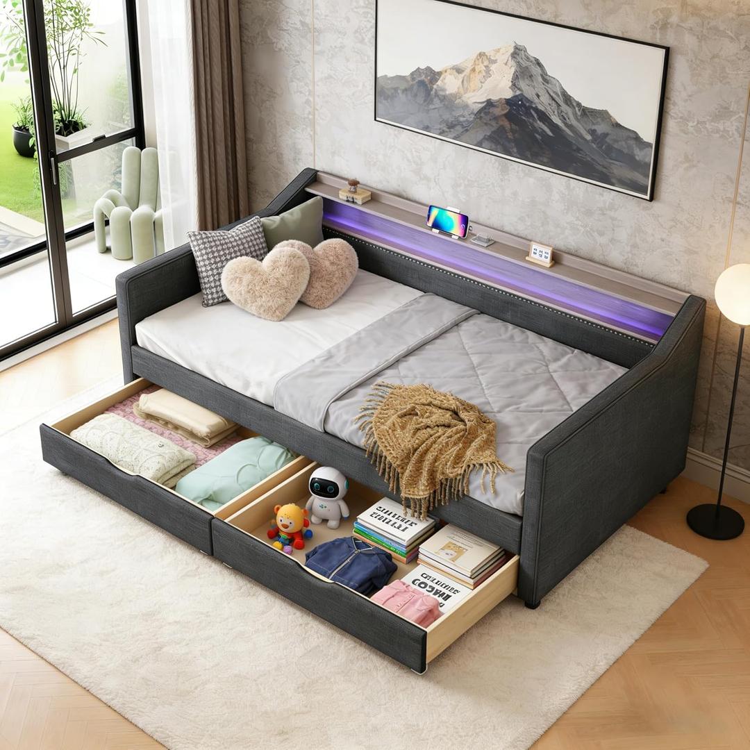 Upholstered Daybed with Two Drawers and 2-Tier Storage Shelf, Twin Size Day Bed with USB & LED Light for Bedroom Apartment, Dark Grey