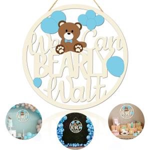 Baby Shower Decorations for Boy We Can Bearly Wait Wooden Sign for Boy Baby Shower Decorations Bear Gender Reveal Door Hanging Photo Props Teddy Bear Theme Party Supplies (Wood)