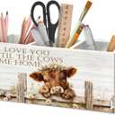 Highland Cow Gifts Pen Holder Organizer for Desk Accessories | I Will Love You Till the Cows Come Home Farmhouse Highland Cow Wooden Box Sign Desk Decorations for Home Bedroom Office Decor